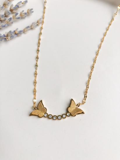 Taşlı Kelebek Çelik Kolye - Gold